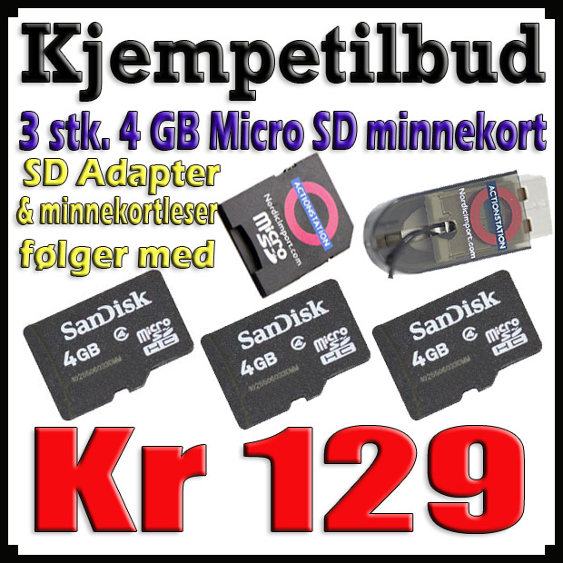 3 stk. 4GB SDMicro SDHC minnekort med SD adapter & USB2 leser