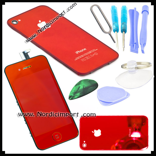 iPhone 4 LCD sett m/ glass bakdeksel & verkt�y - R�DT/SPEIL